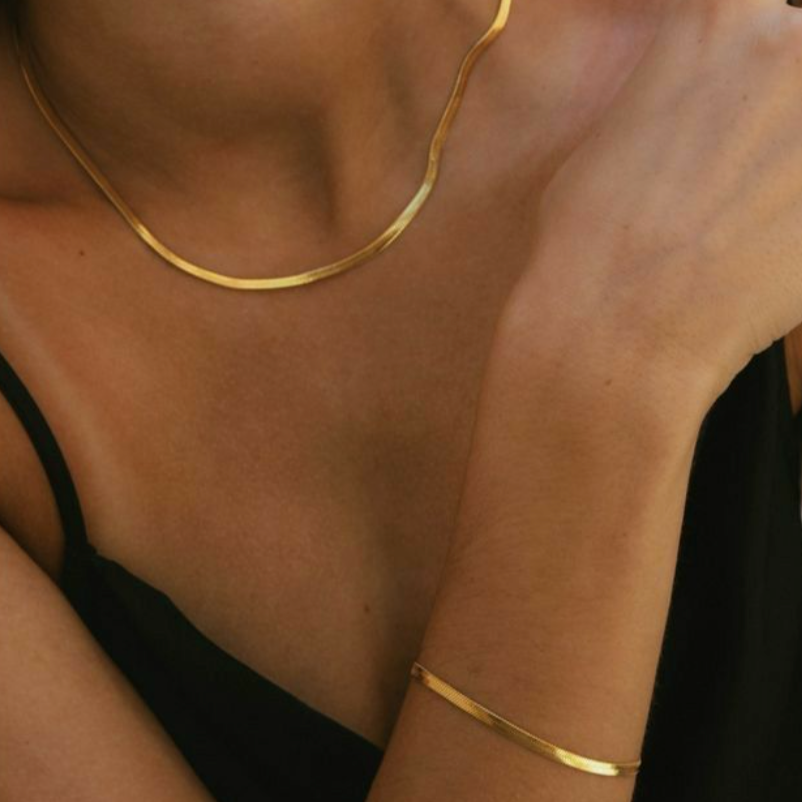Flad Slange Halskæde og Armbånds Sæt l 18K Guldbelagt
